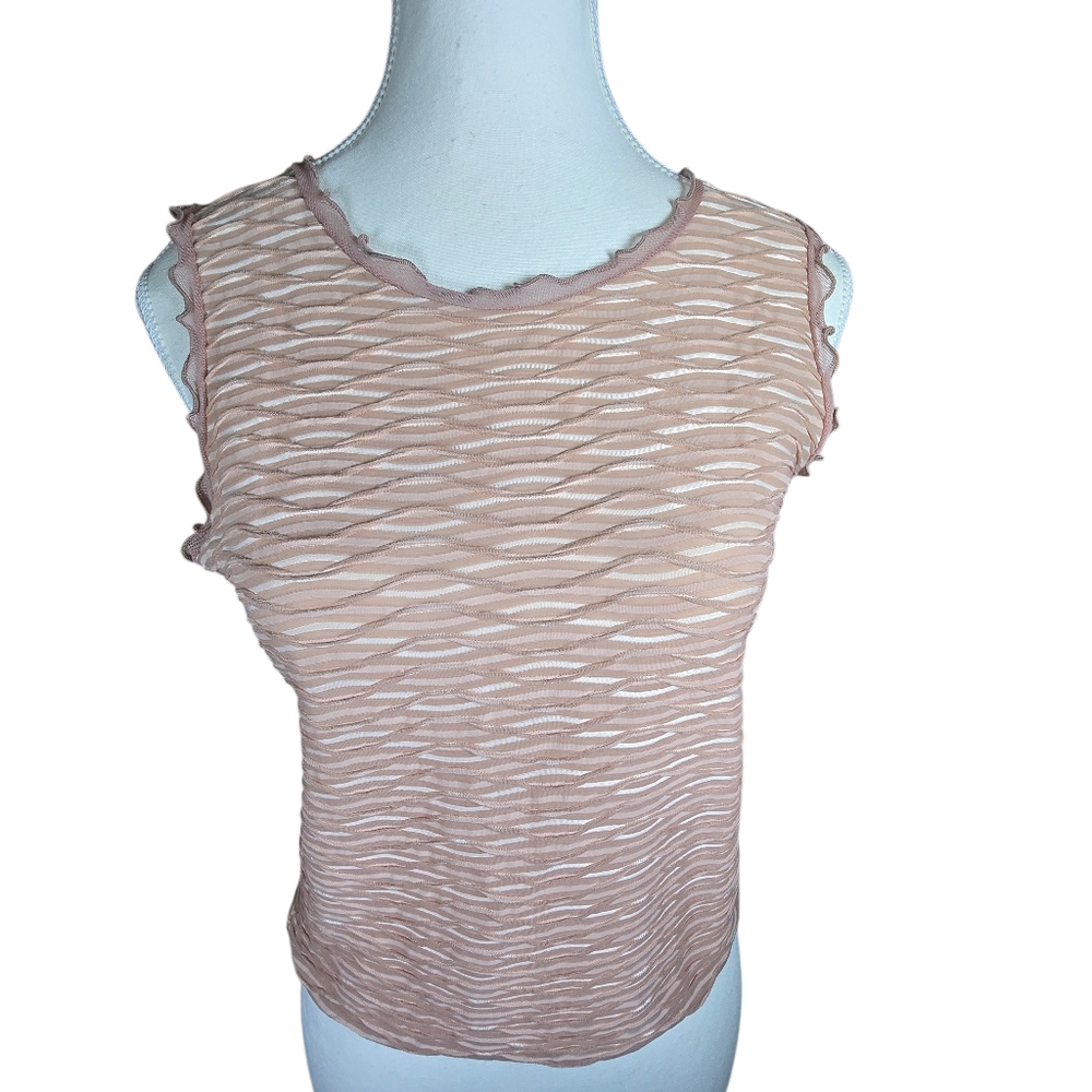 Armani Sexy Sheer Textured Mesh Y2K Ruffle Blush Pink Tank Top Size 8